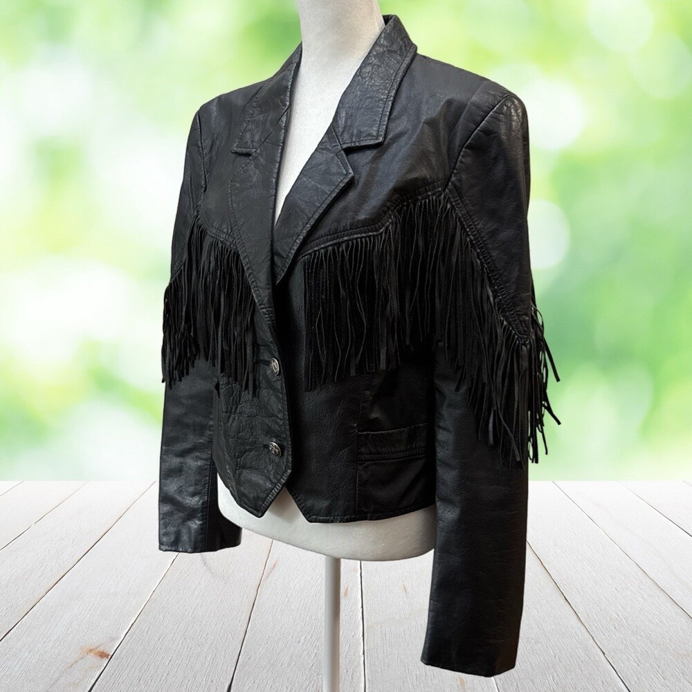 Vintage PIONEER WEAR Leather Jacket Women 14 Black Fringe Western Rodeo USA